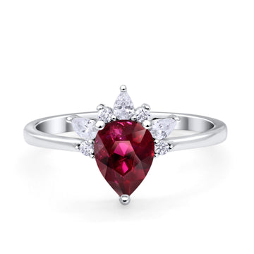 Art Deco Engagement Ring Pear Simulated Ruby CZ 925 Sterling Silver